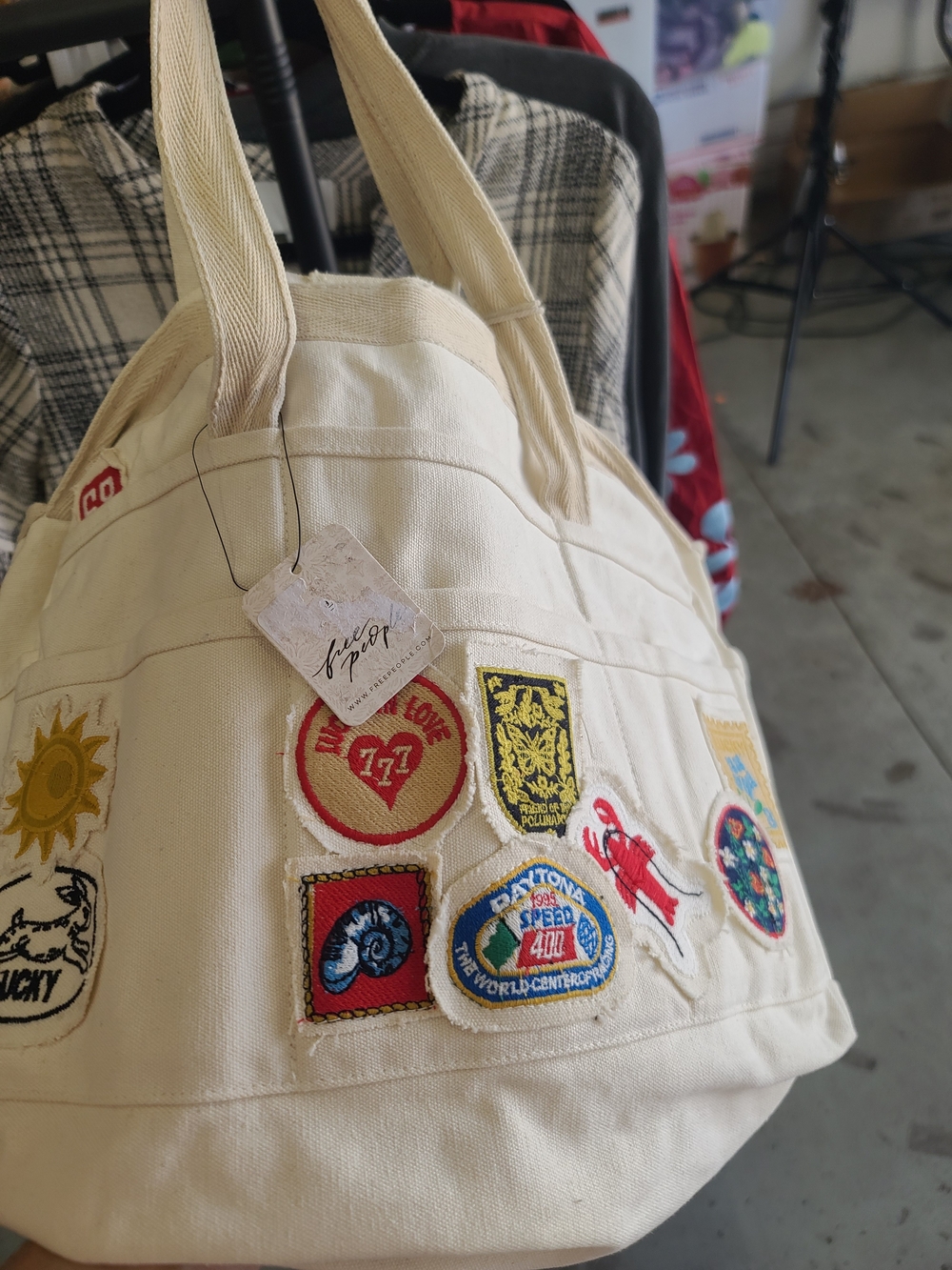 Free People Cream Canvas Tote with Colorful Embroidered Patches